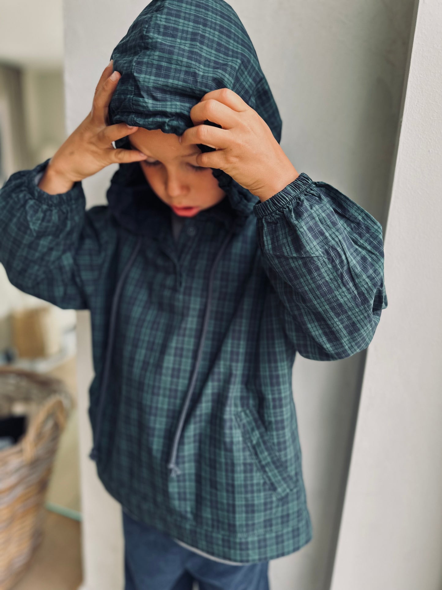 Check hoodie anorak - green/navy