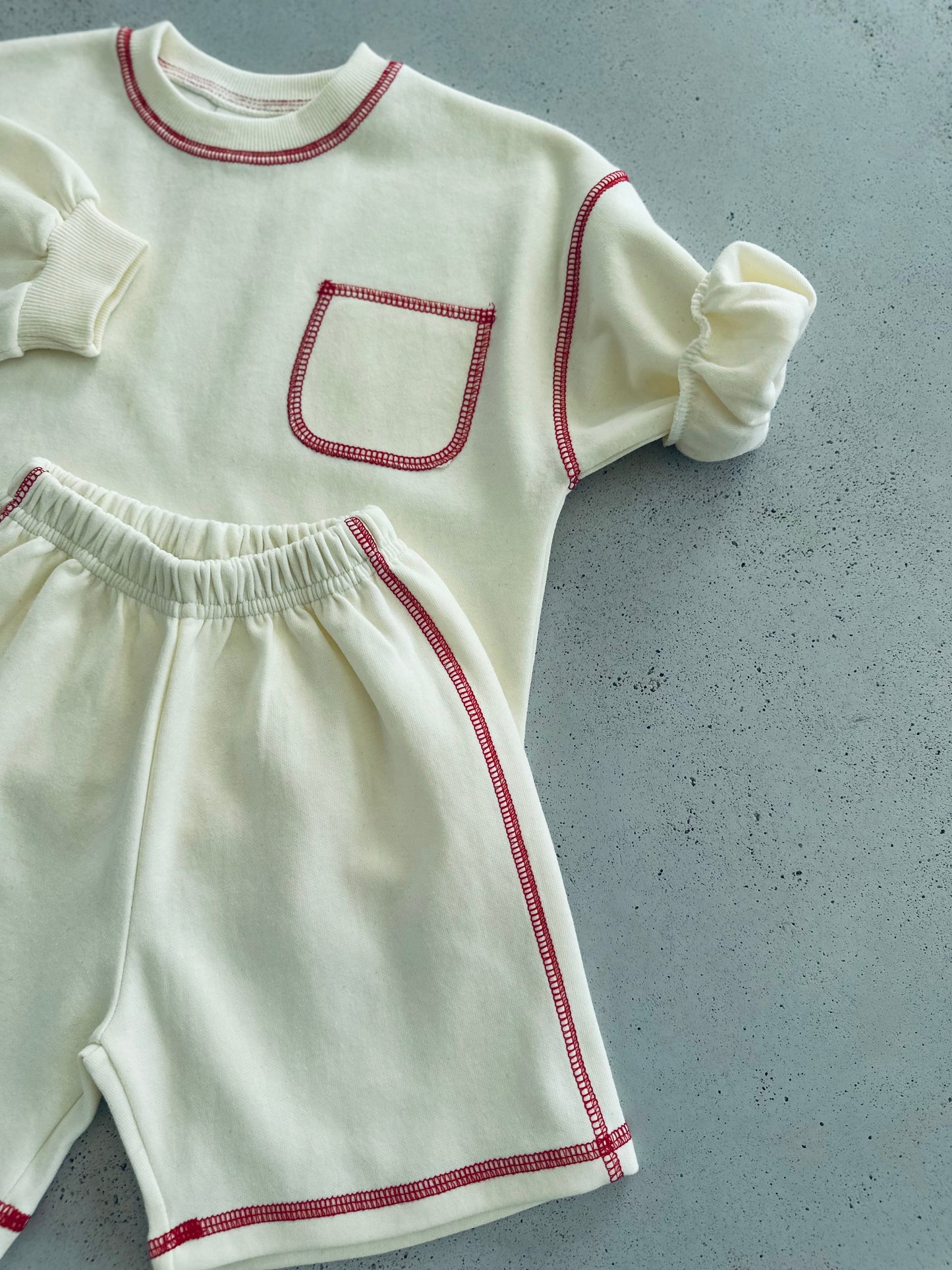 Stitch pocket sweat & shorts set - ecru