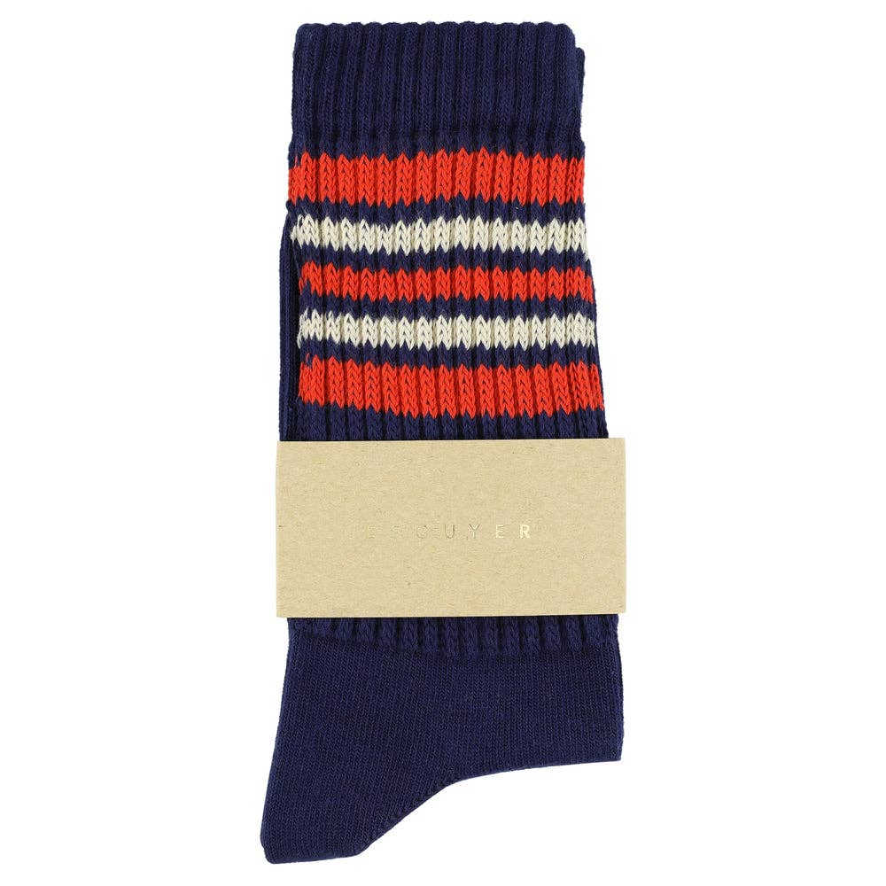 5 stripes socks - blue with orange/ecru