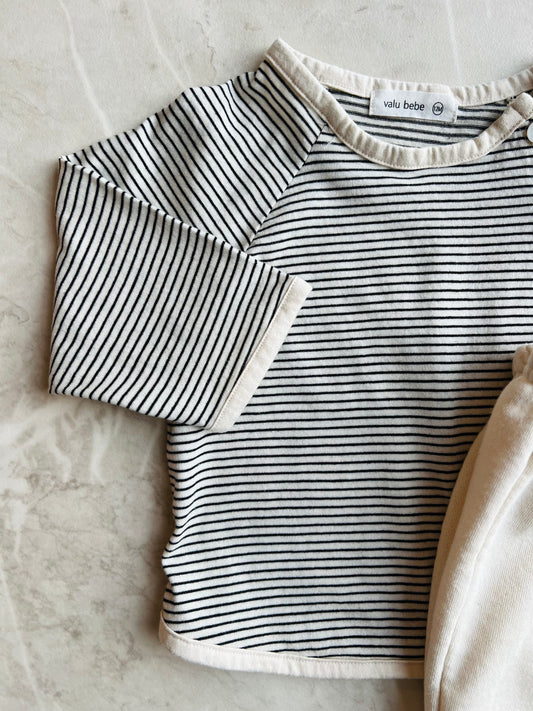 Bebe loose stripe button tee - charcoal stripe