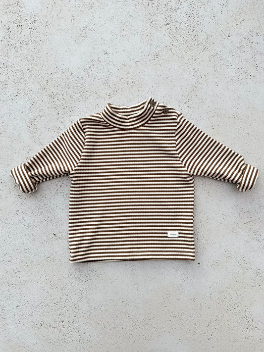 Bebe soft stripe mock neck tee - brown