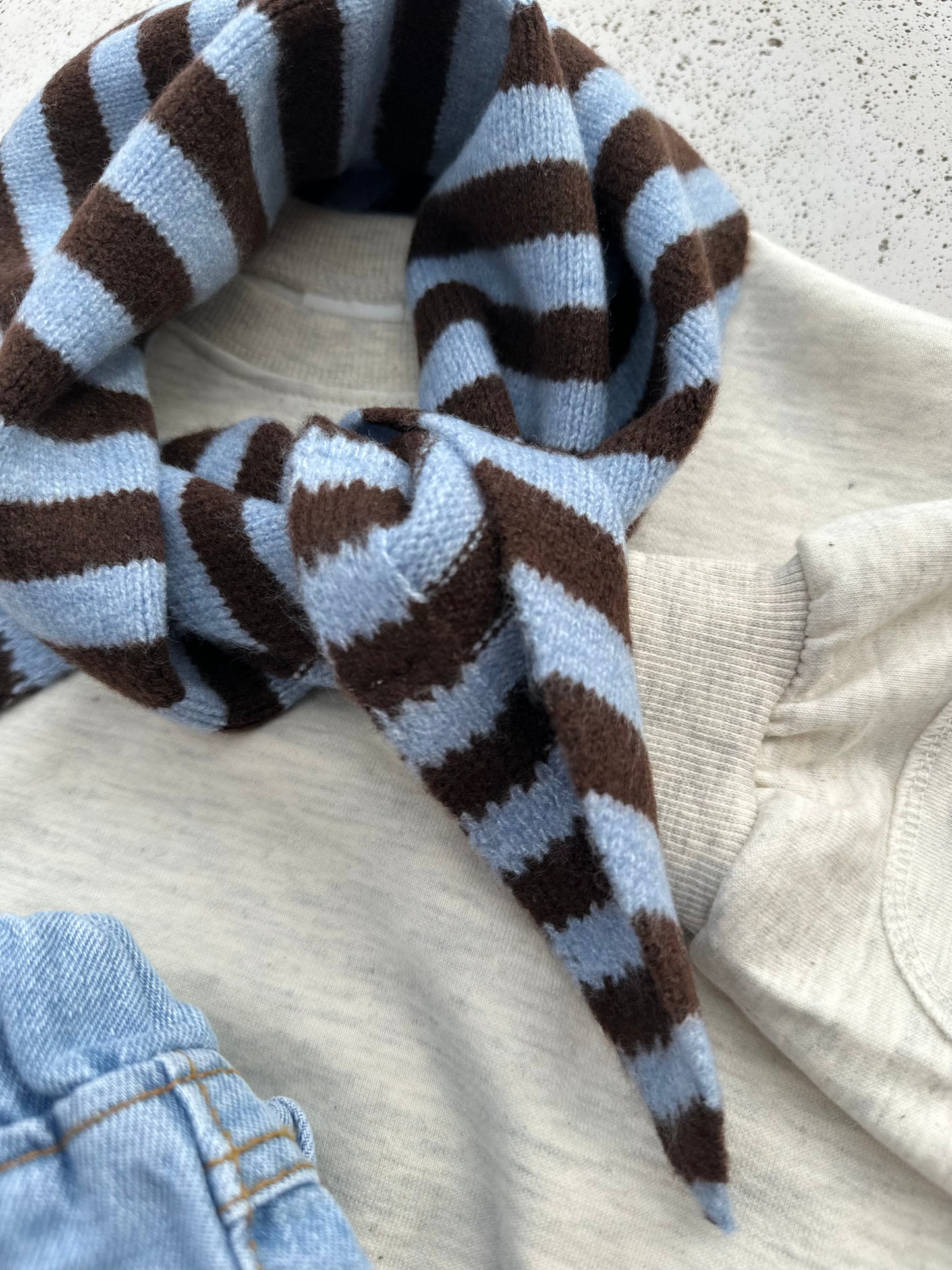 Soft stripe triangle scarf - blue/brown/red