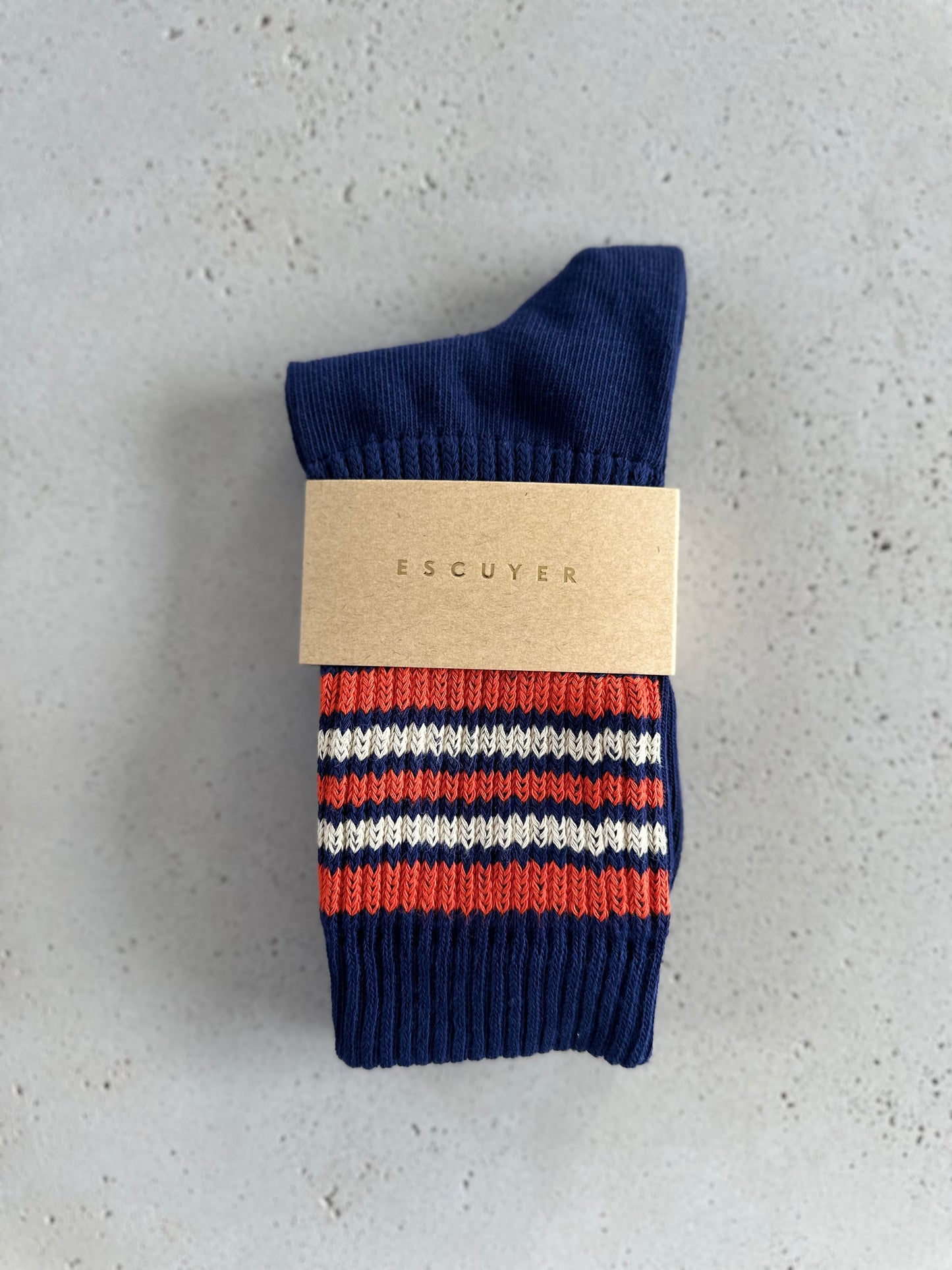 5 stripes socks - blue with orange/ecru