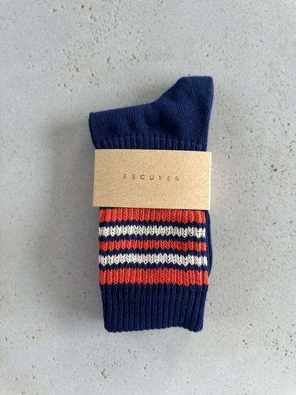 5 stripes socks - blue with orange/ecru