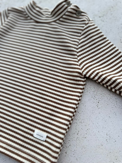 Bebe soft stripe mock neck tee - brown