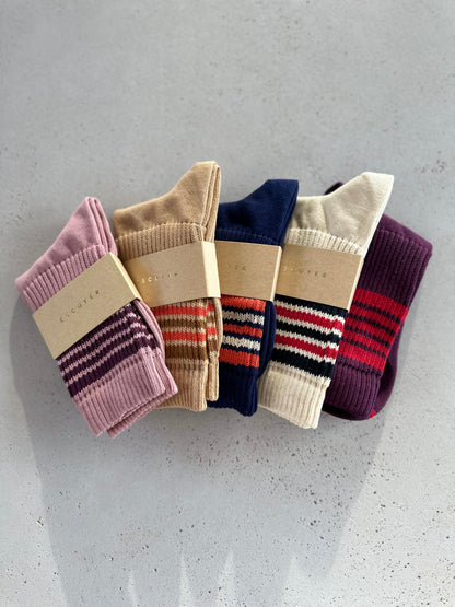 5 stripes socks - Cream with blue & red