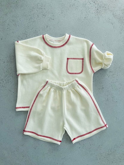 Stitch pocket sweat & shorts set - ecru