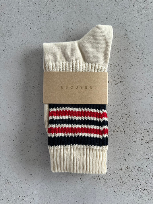 5 stripes socks - Cream with blue & red