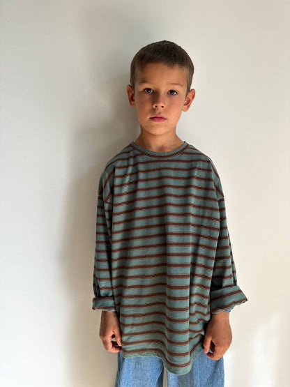 Oskar boxy stripe tee - forest green/brown