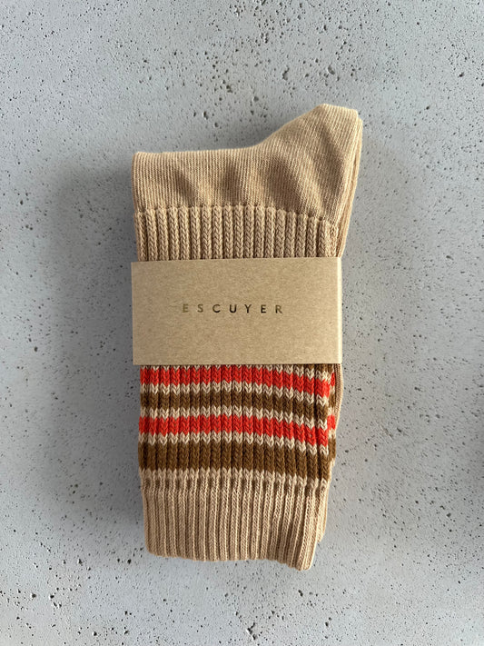 5 stripes socks - beige with mustard/orange