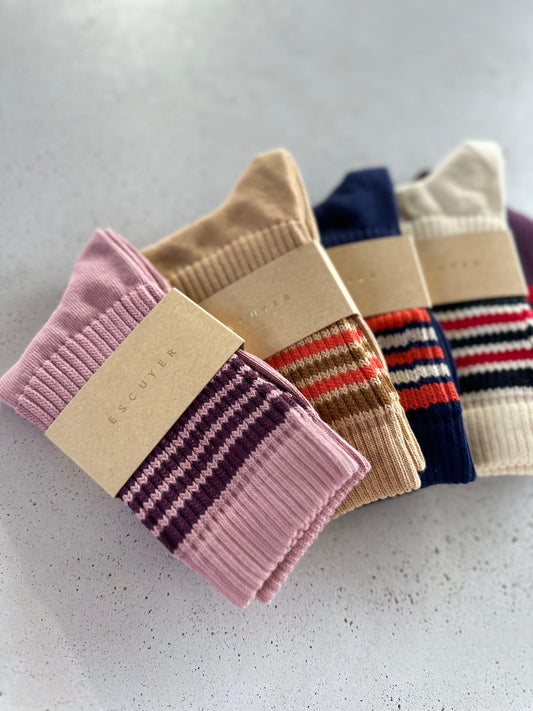 5 stripes socks - Cream with blue & red