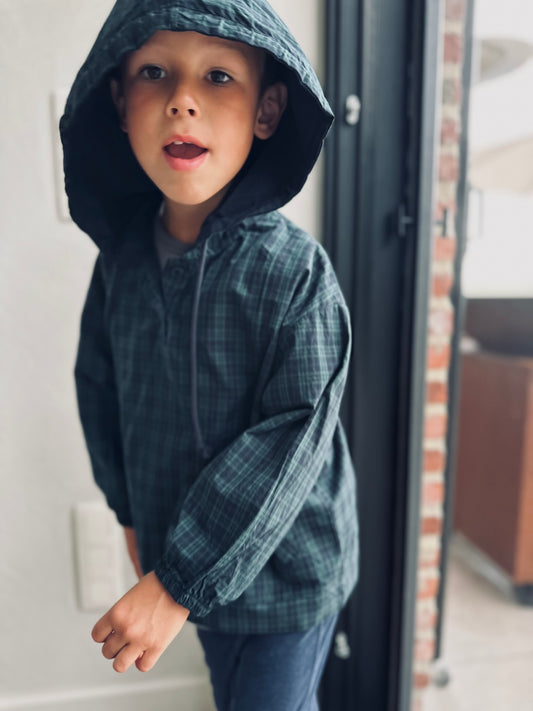 Check hoodie anorak - green/navy