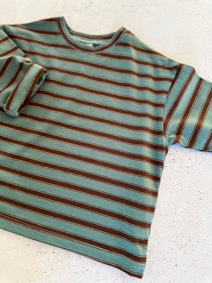 Oskar boxy stripe tee - forest green/brown