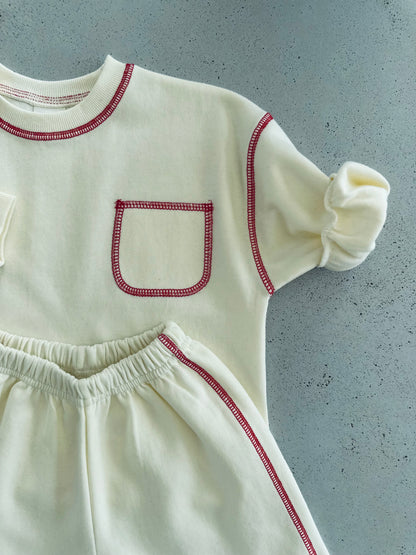 Stitch pocket sweat & shorts set - ecru